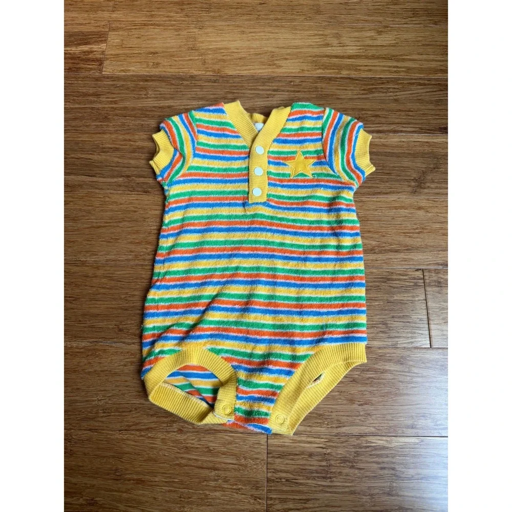Vintage Carter's Romper 18 Months Primary Yellow Striped Terrycloth Star Henley